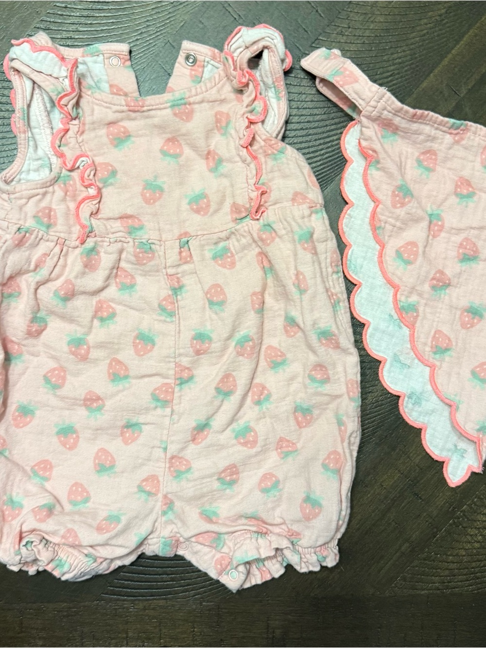 cloud island Pink Strawberry Print Romper with Scalloped Bib